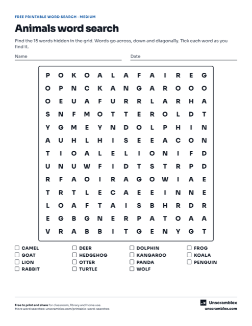 Preview of the Animals word search