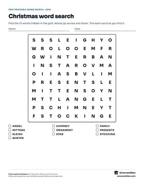 Preview of the Christmas word search: easy word search