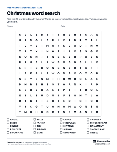 Preview of the Christmas word search: hard word search