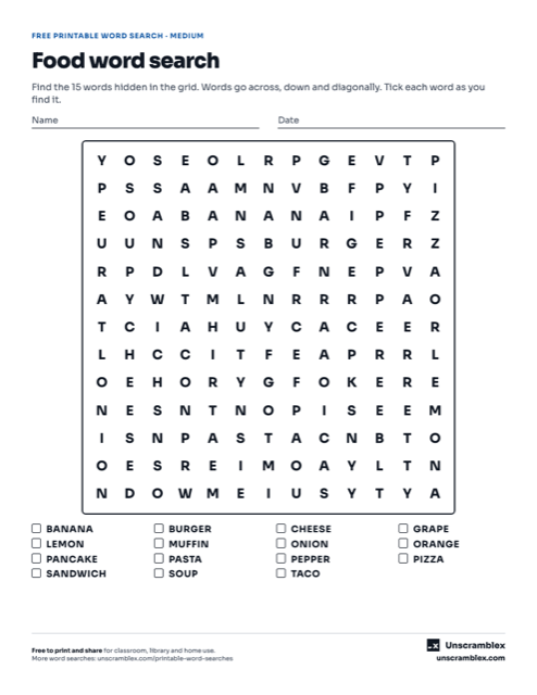 Preview of the Food word search