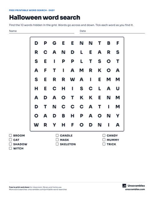 Preview of the Halloween word search: easy word search