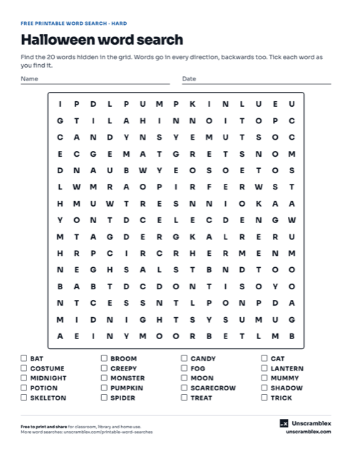 Preview of the Halloween word search: hard word search
