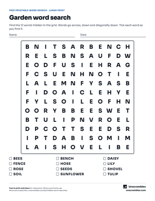 Preview of the Large print garden word search