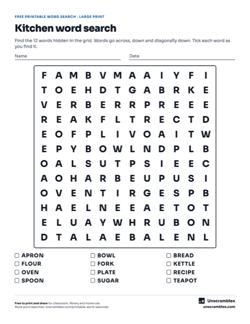 Preview of the Large print kitchen word search