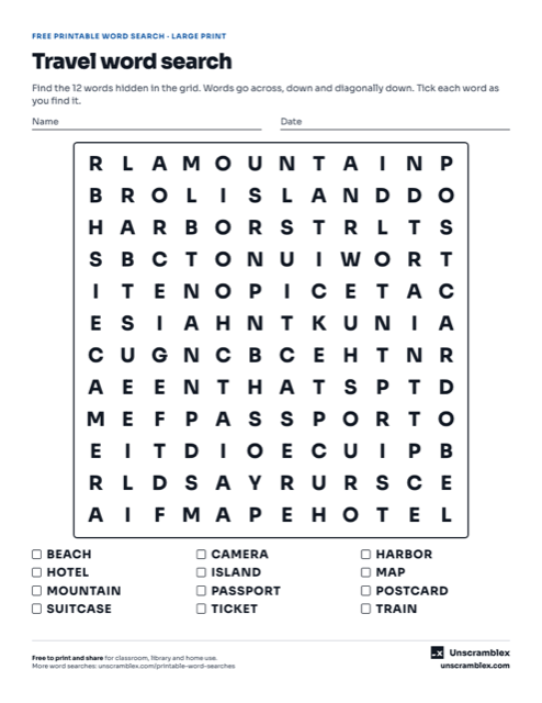Preview of the Large print travel word search