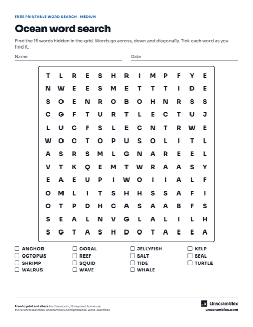 Preview of the Ocean word search