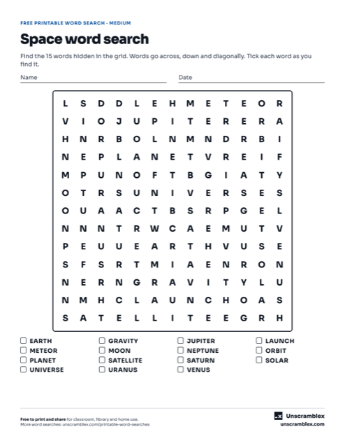 Preview of the Space word search