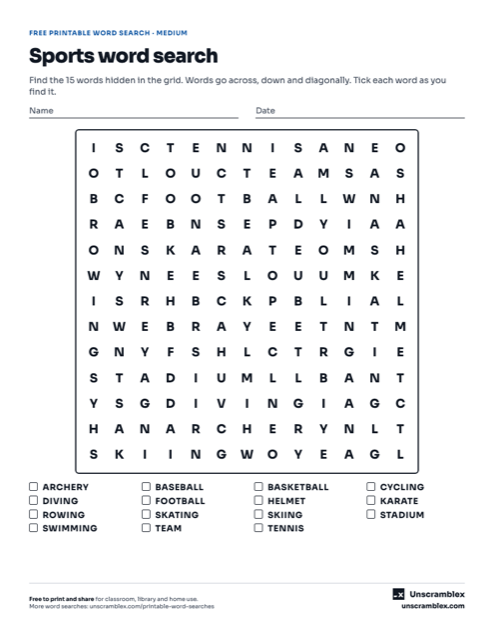 Preview of the Sports word search