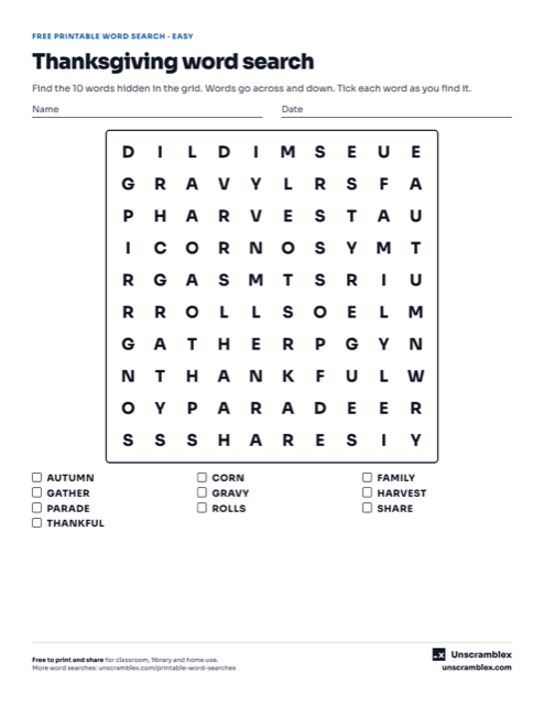 Preview of the Thanksgiving word search: easy word search
