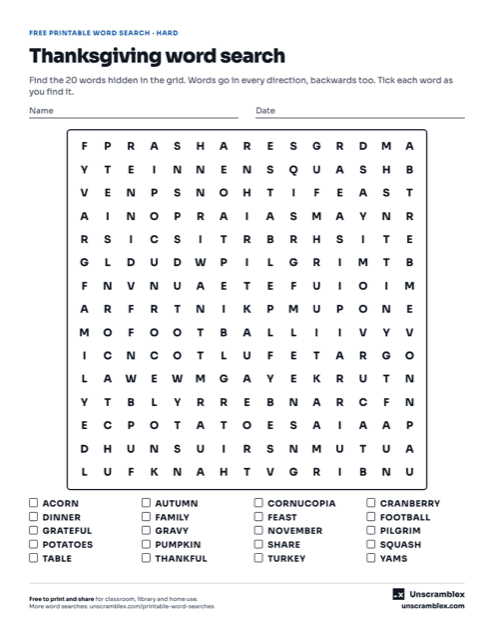 Preview of the Thanksgiving word search: hard word search
