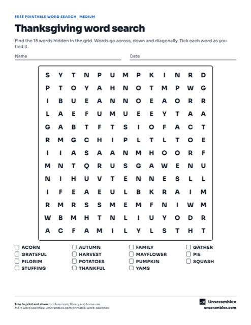 Preview of a Thanksgiving word search