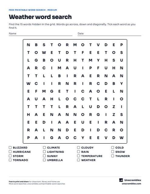 Preview of the Weather word search