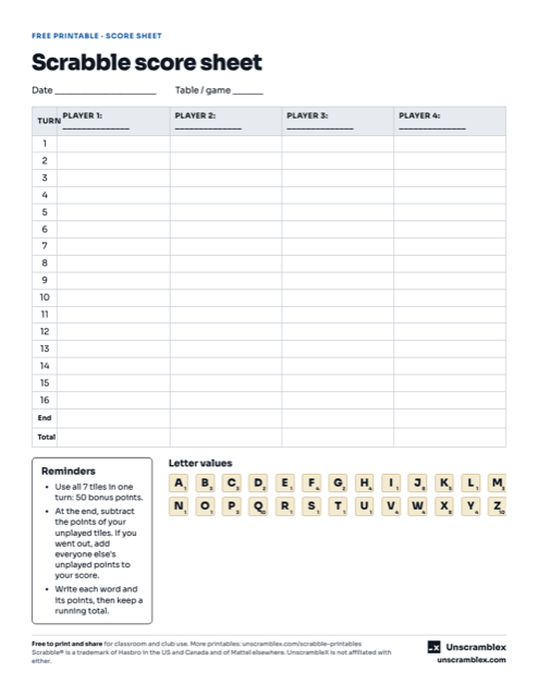 Preview of the Scrabble Score Sheet for 2 to 4 Players printable