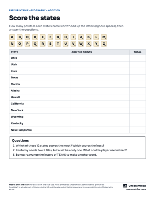 Preview of the Score the States: Scrabble Math and Geography printable