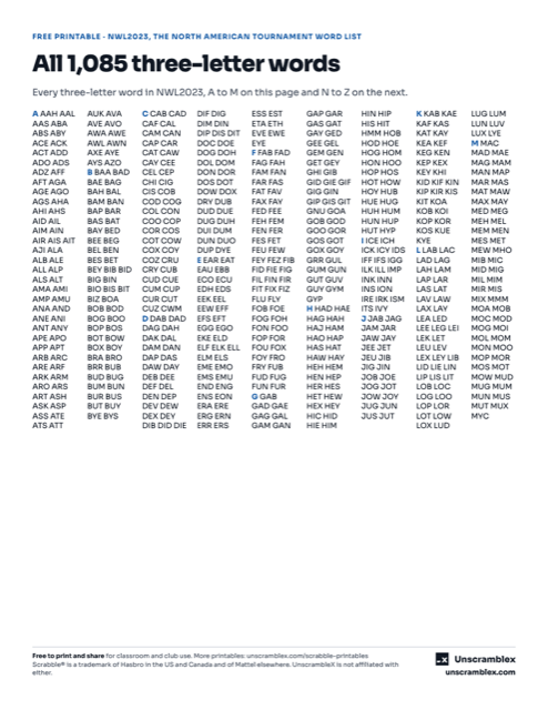 Preview of the All 1,085 Three-Letter Scrabble Words printable